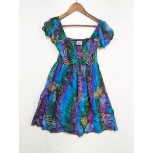 Young Fashion Vintage Green Purple Blue Tie Dye Mini Dress, One Size S/M‎